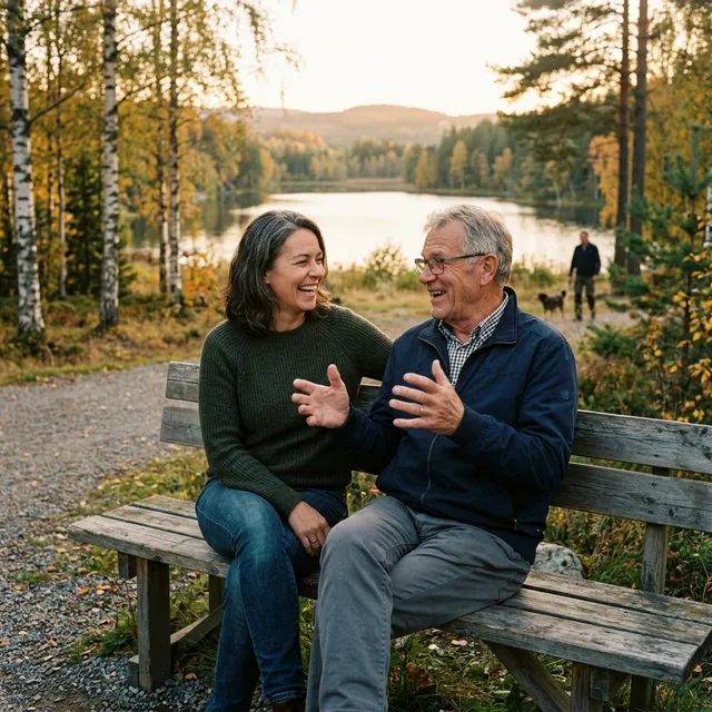 En dotter och hennes pappa delar ett skratt vid sjön
